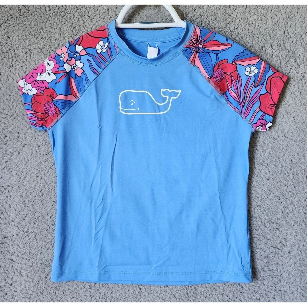 Vineyard Vines Rash Guard Girls L 14 Blue Floral Raglan Whale Logo Swim Shirt